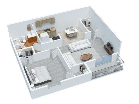 Floor plan for 1 bed, 1 bath, 648 sqft